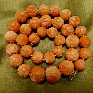 Vintage Chinese Carved Natural Coral Beads Necklace 69 Grams 10 Mm To 14 Mm 17 "