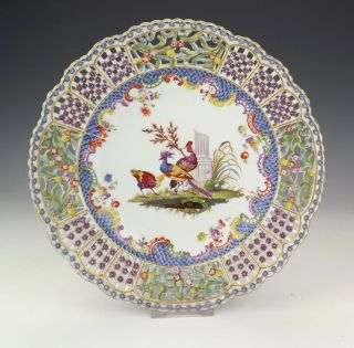 Antique Meissen Dresden Porcelain Hand Painted Exotic Birds Pierced Plate