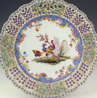 Antique Meissen Dresden Porcelain Hand Painted Exotic Birds Pierced Plate 2