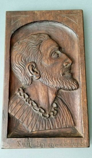 Antique Carved Wood Plaque Portrait Of A Saint Spanish
