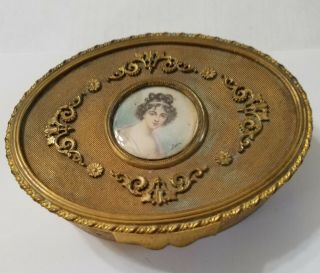 Ornate Antique Brass Trinket Jewelry Box W/portrait Of Woman On Top 4 - 5/8 "