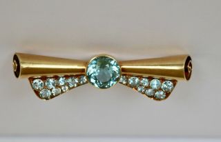 Art Deco Pin/brooch14k Yellow Gold Aquamarine Bow 17.  8 Tcw Tube Clasp 1920s