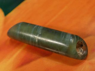 Ancient South East Asian Green Bowenite Ban Chiang Tube Bead 30.  4 By 6.  9 Mm Rare