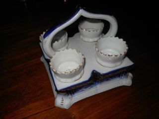 Antique Victorian Porcelain Egg Cruet Set 4 Egg Cups Flow Blue Ceramic