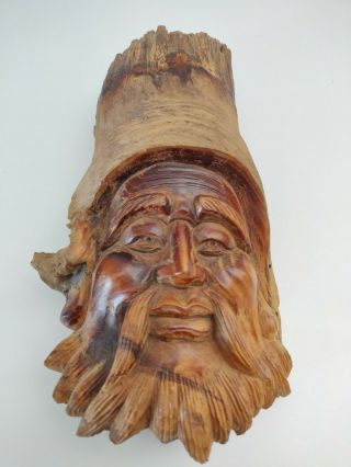 Hand Carved Old Man Face Wood Spirit Carving Figure Folk Art 9 " Tall Vintage