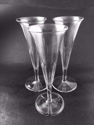 3 Antique Champagne Flutes - Cut Stems Blown Glass Goblets Smooth Pontils