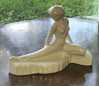 Vintage White Glazed Pottery Art Deco Nude Lady Fan Dancer Large Figurine Statue 3