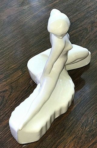 Vintage White Glazed Pottery Art Deco Nude Lady Fan Dancer Large Figurine Statue 5