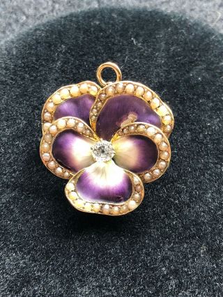 Antique 14k Gold Pin / Enamel Pansy With Diamond And Pearls