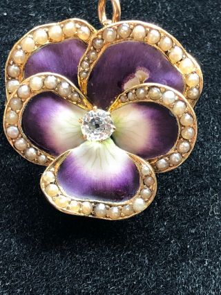 Antique 14k Gold Pin / Enamel Pansy with Diamond And Pearls 7