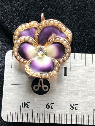 Antique 14k Gold Pin / Enamel Pansy with Diamond And Pearls 8