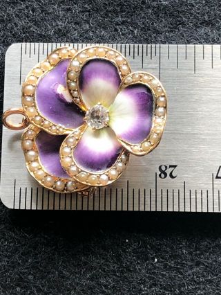Antique 14k Gold Pin / Enamel Pansy with Diamond And Pearls 9