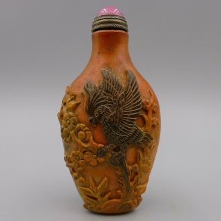 Natural Old Cinnabar Hand Relief Red Crowned Crane Eagle Snuff Bottle Sculpture