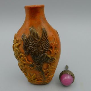 Natural Old Cinnabar Hand Relief Red Crowned Crane Eagle Snuff Bottle Sculpture 2