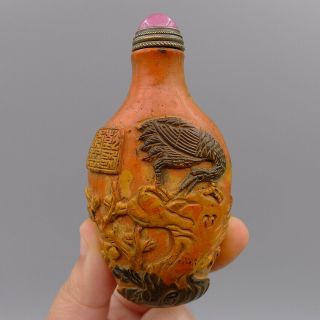 Natural Old Cinnabar Hand Relief Red Crowned Crane Eagle Snuff Bottle Sculpture 3