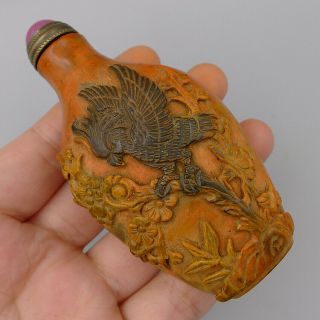 Natural Old Cinnabar Hand Relief Red Crowned Crane Eagle Snuff Bottle Sculpture 5