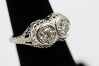 Vintage Art Deco 18k White Gold Filigree 2 Diamonds 3/4ctw Size 5.  25 Ring