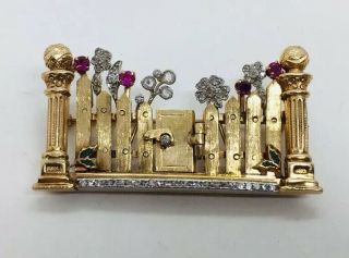 Antique 14k Yellow Gold Diamond Ruby & Sapphire Picket Fence Pin Signed Marcus