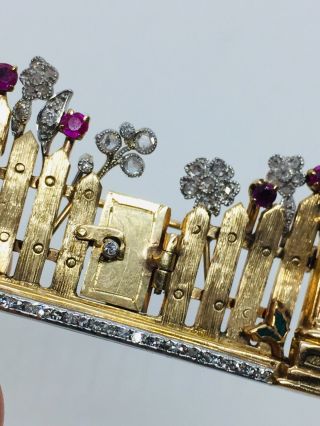 Antique 14k Yellow Gold Diamond Ruby & Sapphire Picket Fence Pin Signed Marcus 3