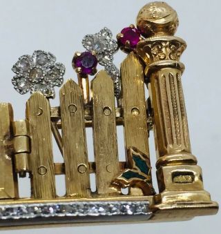 Antique 14k Yellow Gold Diamond Ruby & Sapphire Picket Fence Pin Signed Marcus 5