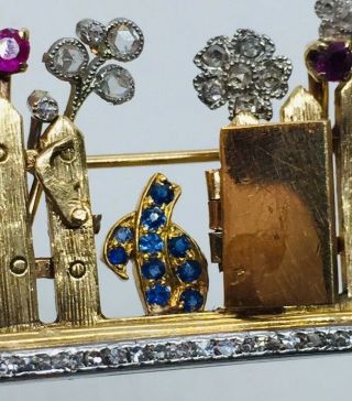 Antique 14k Yellow Gold Diamond Ruby & Sapphire Picket Fence Pin Signed Marcus 6