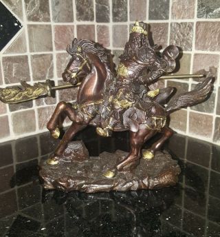 9 " Chinese Bronze Gilt Ancient Dragon Guan Gong Yu Warrior God Ride Horse Statue
