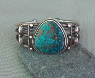Old Vintage Native American Silver Gem Grade Spiderweb Turquoise Cuff Bracelet