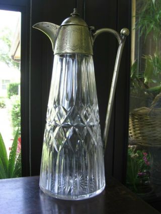 Antique Victorian Cut Glass/crystal Pitcher With Metal Spout,  Lid And Handle 11 "