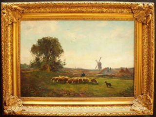 Large 19th Century Flemish Landscape Shepherd & Sheep Antique Oil Painting