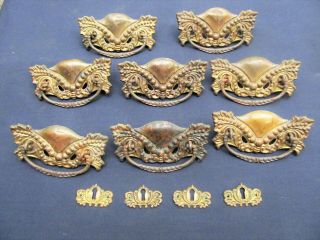 Set Of 8 Antique Fancy Victorian Brass Drawer Pulls & Key Hole Escutcheons