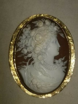 Huge 10K Antique Diana the Huntress Sardonyx Shell Cameo Brooch Pin Pendant 8