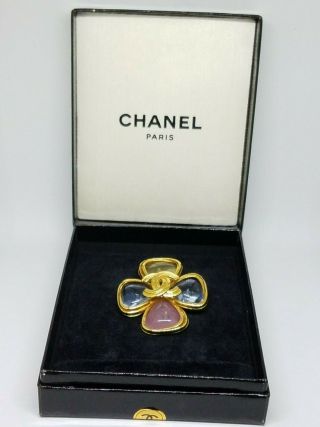 Authentic Rare Vintage Chanel Cc Logo Multi Color Glass Stone Brooch Pin