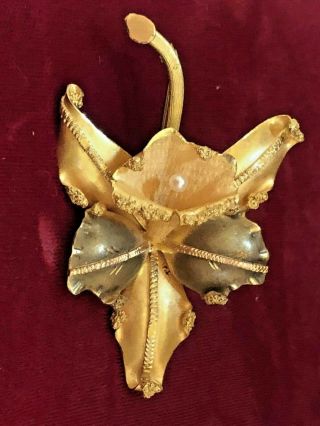 Estate Antique 18k Gold Pearl Orchid Flower Pin Signed 15.  27 Grams Art Nouveau