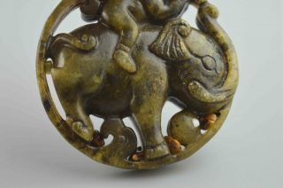 Collectable Delicate Old Jade Carve Child Ride Elephant Noble Old Ancient Statue 5