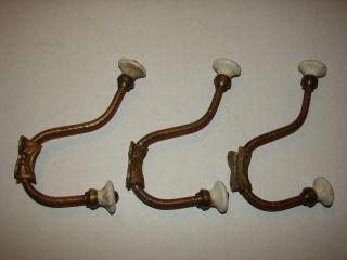 3 Antique Brass Plated Hall Rack Hall Mirror Wall Hooks W/ Porcelain Knobs
