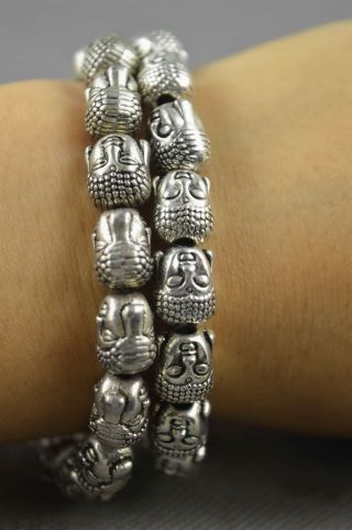 Ancient Collectable Handwork Old Miao Silver Carve Buddha Head Pair Bracelets
