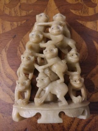 Hand Carved Stack Of 10 Monkeys Ivory\soap Stone People 