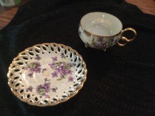 Vintage Royal Sealy China,  Tea Cuo And Saucer.  Purple Violets With Gold Trim.