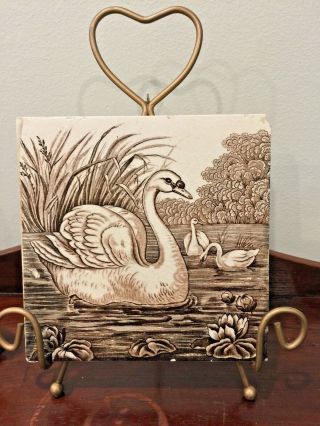 Antique Vintage English/dutch Tile - Swans On Lake In Sepia Tones