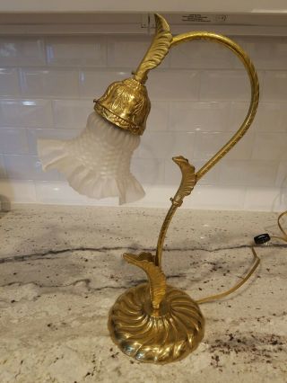 18 " Vintage Solid Brass Lily Pad Lamp W/ Ruffled Shade Library Student Reading