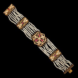 Antique Vintage Art Nouveau 18k Gold Indian Mughal Ruby Pearl Wedding Bracelet 2