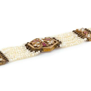 Antique Vintage Art Nouveau 18k Gold Indian Mughal Ruby Pearl Wedding Bracelet 3