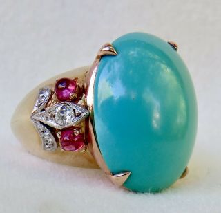 Art Deco Fabulous Natural Turquoise Ruby & Diamond 14k Gold Cocktail Ring Wow