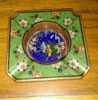 Antique Chinese 19thc Bronze Or Brass Cloisonne Ashtray Flowers Butterfly Decor
