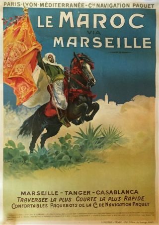 Vintage Travel Poster On Linen Cruise Maroc Via Marseille 1913 Lessieux