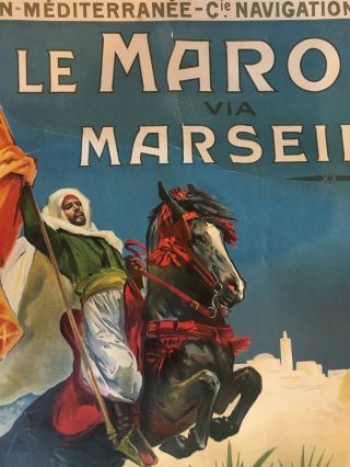 Vintage Travel Poster ON LINEN Cruise Maroc via Marseille 1913 Lessieux 3