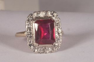 Antique Burmese 6.  5ct Blood Red Ruby Halo Round Brilliant Diamonds 14k Gold Ring