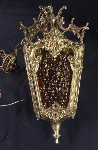 VINTAGE ANTIQUE BRASS COLONIAL GLASS PANEL HALL LANTERN PENDANT LIGHT 4