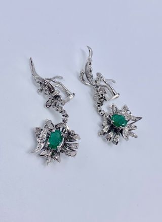 Vintage Antique Palladium Filigree Natural Emerald Diamond Chandelier Earrings