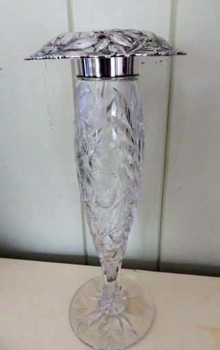 Antique American Brilliant Cut Glass Tall Footed Vase Sterling Vase Art Nouveau 11